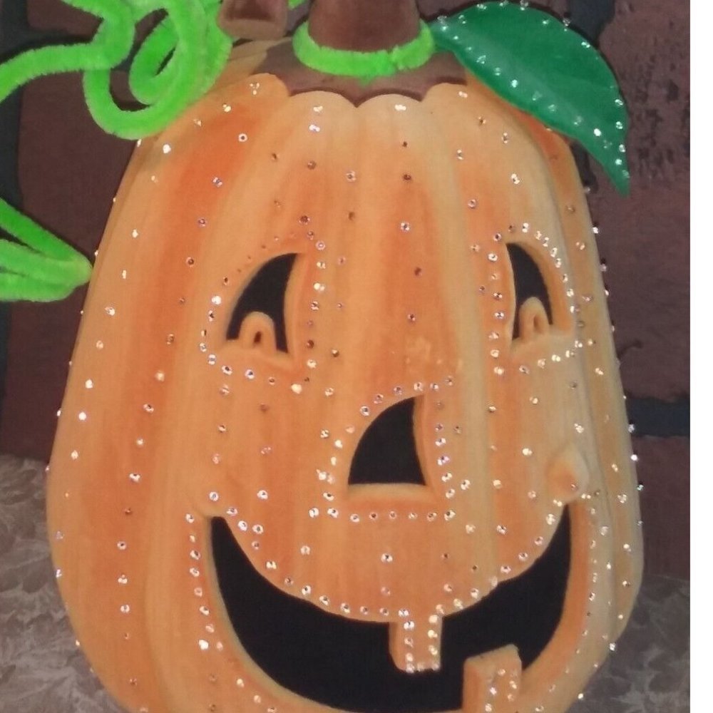 Vintage Halloween Jack o Lantern Pumpkin Oval embellished suede-like NO LIGHTS - Picture 2 of 8